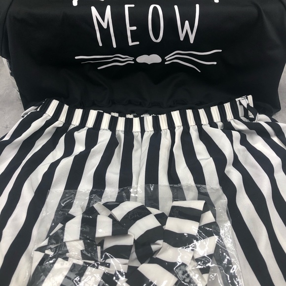 2pc Girl “Meow” Outfit With Belt | Black and White Stripes - Picture 10 of 12